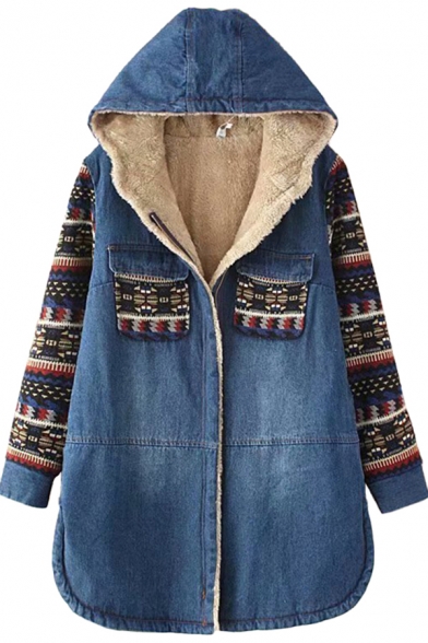 Womens Jacket Stylish Tribal Style Geometric Pattern Patchwork Sherpa Lined Flap Chest Pockets Mid-Length Loose Fit Long Sleeve Hooded Denim Jacket
