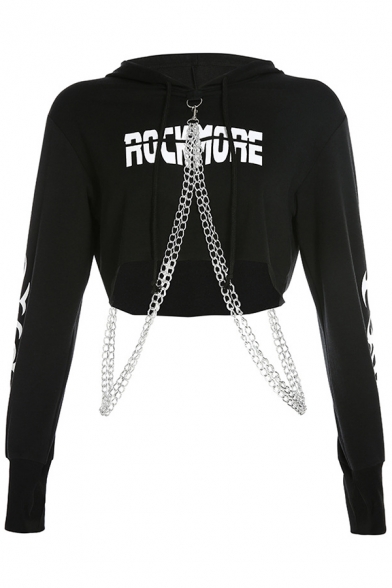 Womens Sexy Black Letter Tape Trim Chain Embellished Long Sleeve Slim Fit Crop Hoodie