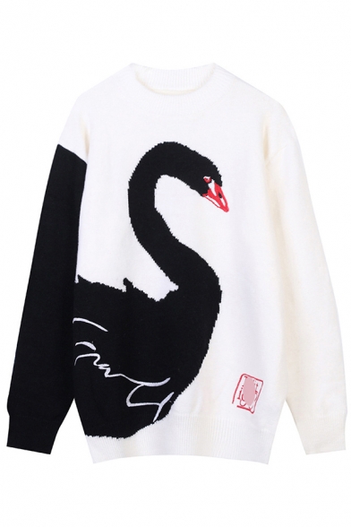 Womens Sweater Chic Color Block Swan Embroidery Long Sleeve Relaxed Fitted Round Neck Sweater