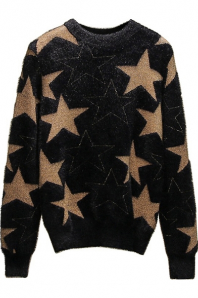 Womens Sweater Trendy Star Pattern Bright Silk Long Sleeve Relaxed Fitted Round Neck Sweater