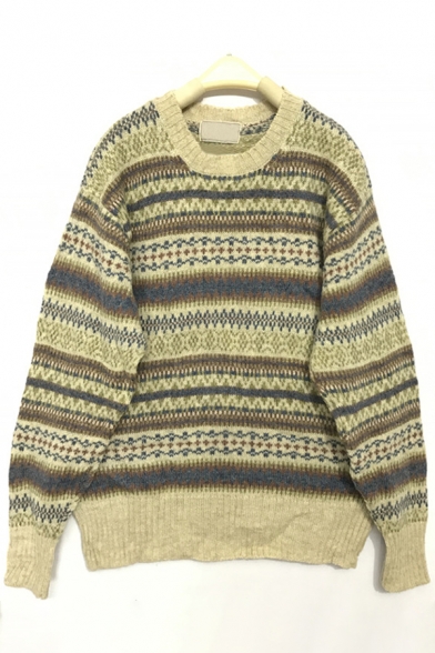Womens Vintage Geometric Pattern Crewneck Long Sleeve Oversized Fair Isle Sweater