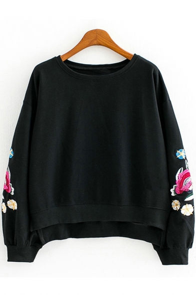 Basic Floral Embroidered Round Neck Long Sleeves Pullover Sweatshirt