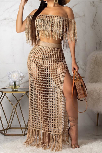 Classic Womens Co-ords Solid Color Fringe Detail off Shoulder Sleeveless Tee High Slit Maxi Open-Knit Beach Skirt Lounge Co-ords