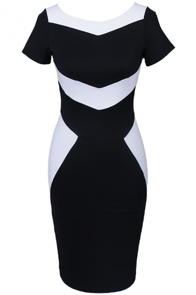 Classic Womens Dress Color Block Panel Invisible Zipper Back V Neck Short Sleeve Slim Fitted Knee Length Pencil Dress