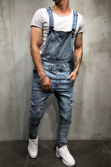 Cool Destroyed Ripped Detail Mens Fitted Denim Overalls Jumpsuits