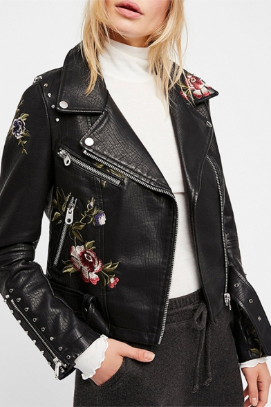 Cool Embroidery Floral Skull Print Beading Zipper Embellished Long Sleeve Black Crop Belted Biker Jacket