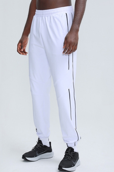 Cool Mens Fitness Pants Contrast Piping Side Elastic Waist Gathered Cuffs Regular Fit 7/8 Length Tapered Relaxed Pants