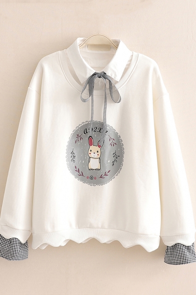 Creative Girls Cartoon Animal Pattern Thickened Scalloped Hem Contrast False Two Pieces Turn-down Collar Long Sleeve Relaxed Fit Sweatshirt
