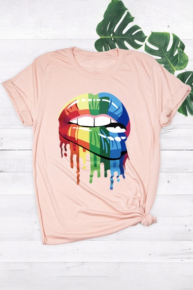 Creative T-Shirt Women's T-Shirt Lips Multi Color Graffiti Pattern Round Neck Short-sleeved Regular Fit Tee Top