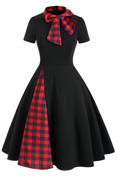 Creative Womens Dress Color Block Plaid-Patchwork Zipper Back Bowknot Stand Collar Short Sleeve A-Line Slim Fitted Midi Swing Dress