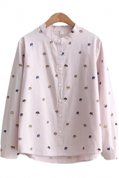 Cute Womens Shirt Cartoon Umbrella Pattern Short Front Long Back Hem Stand Collar Long-sleeved Regular Fitted Shirt