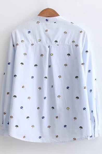 Cute Womens Shirt Cartoon Umbrella Pattern Short Front Long Back Hem Stand Collar Long-sleeved Regular Fitted Shirt