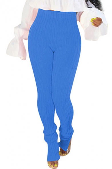 Elegant Women's Pants Solid Color Rib Knitted High Elastic Waist Split Slim Fitted Long Pants