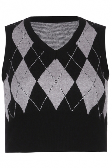 Fancy Knit Vest Argyle Diamond Print Rib-Knit Trim V Neck Sleeveless Fitted Knit Vest for Women