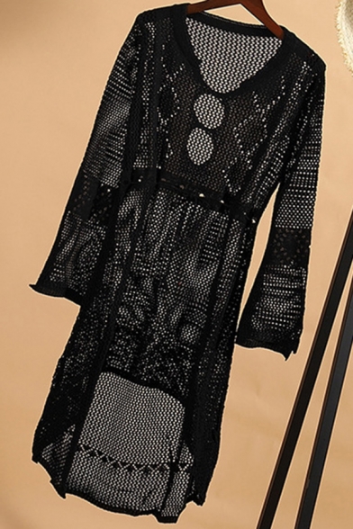 Fancy Women's A-Line Dress Broderie Design Hollow out Drawstring Waist Asymmetrical Hem Long Flare Cuff Sleeves