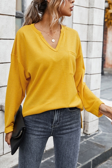 Fancy Women's Sweater Knitting Solid Color Chest Pockets V Neck Long-sleeved Regular Fit Sweater