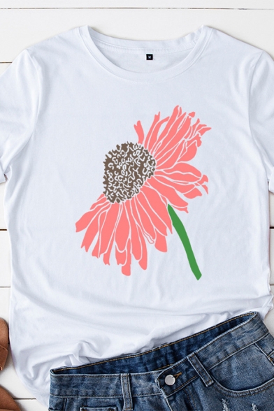 Fancy Women's T-Shirt Flower Print Round Neck Short-sleeved Regular Fit Tee Top