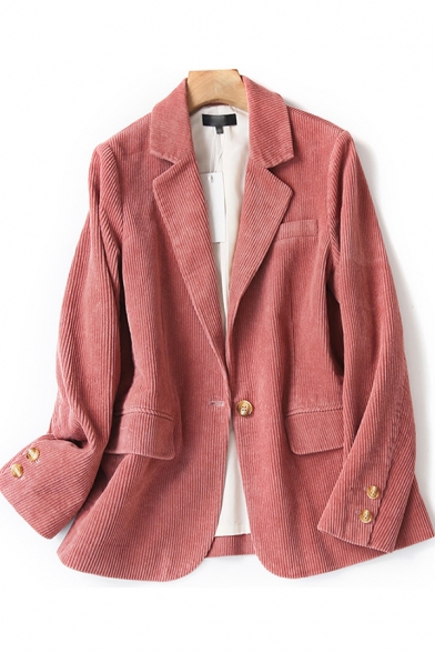 Fashionable Women's Jacket Solid Color Corduroy Flap Pockets Notched Collar Long-sleeved Relaxed Fit Suit Jacket