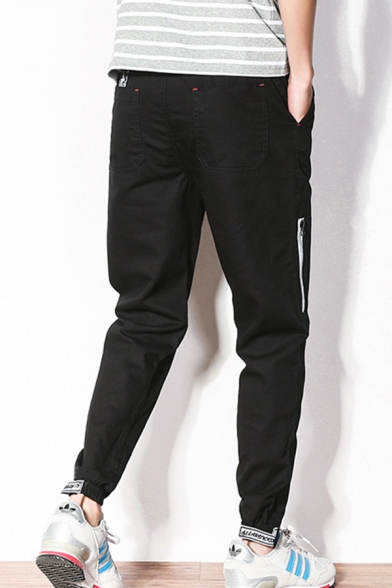 Guys New Fashion Letter Printed Zipped Pocket Side Velcro Gathered Cuff Drawstring Waist Casual Tapered Pants