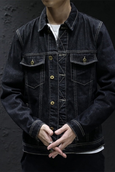 Guys Vintage Black Washed Contrast Stitching Long Sleeve Button Down Fitted Denim Jacket