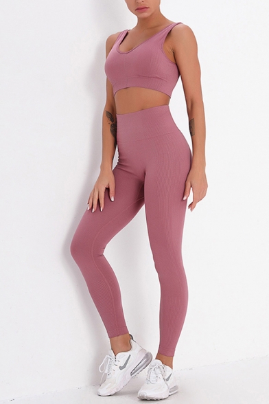 Leisure Women's Yoga Set Solid Color Contrast Rib Panel Scoop Neck Sleeveless Slim Fitted Tank Top with High Waist Long Skinny Pants Yoga Co-ords
