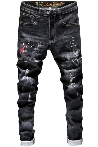 Men's New Stylish Cool Monster Embroidery Stretch Regular Fit Black Ripped Jeans
