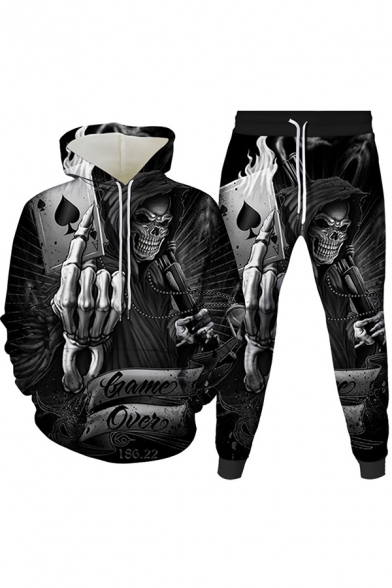 Mens Co-ords Simple Skull Fire Motorcycle Microphone Guitar Pattern Long Sleeve Hoodie Ankle Length Tapered Pants Slim Fit Jogger Co-ords