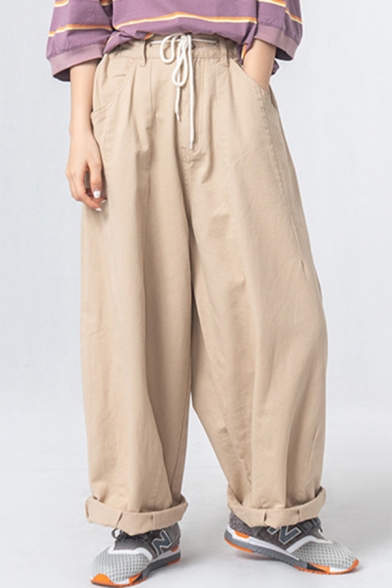 Novelty Womens Pants Plain Pockets Drawstring Waist Ankle Length Relaxed Fit Balloon Pants
