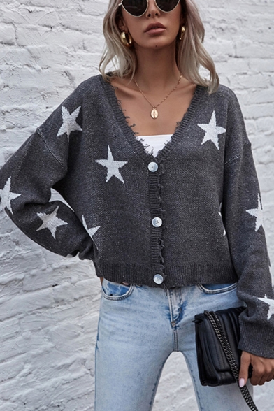 Retro Womens Cardigan Star Pattern Outerwear Frayed Edge Button Fly Long Drop-Sleeve Relaxed Fit V Neck Cardigan