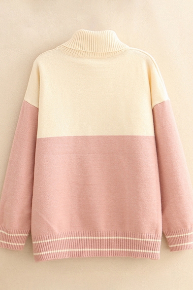 Retro Womens Sweater Rabbit Head Embroidered Color Block Drop Shoulder Ribbed Stripe-Trim Turtleneck Long Sleeve Relaxed Fitted Sweater