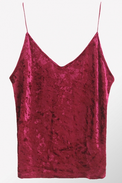 Sexy Women's Tank Top Velvet Solid Color V Neck Sleeveless Fitted Cami Top
