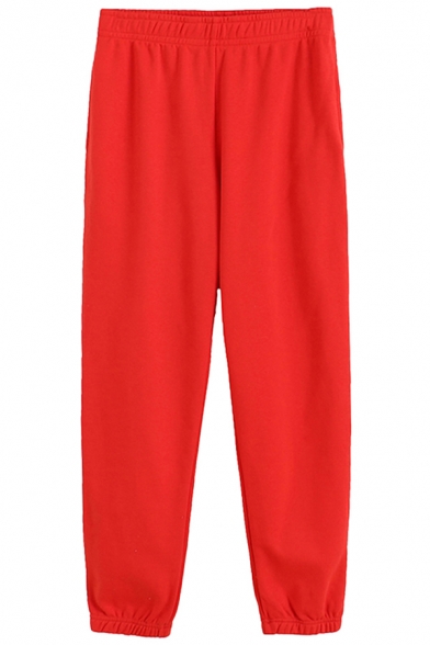 Sporty Women's Pants Solid Color Pockets Plushed Ankle-Tied Regular Fit Tapered Trousers