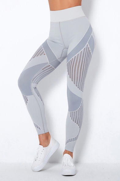 Sporty Women's Yoga Leggings Color Block Contrast Panel Stripe Pattern High Elasticity Waist Ankle Length Skinny Leggings