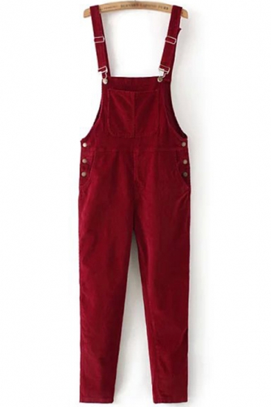 Stylish Womens Overalls Corduroy Solid Color Front Pocket Button Buckle Detail Regular Fitted Tapered Overalls