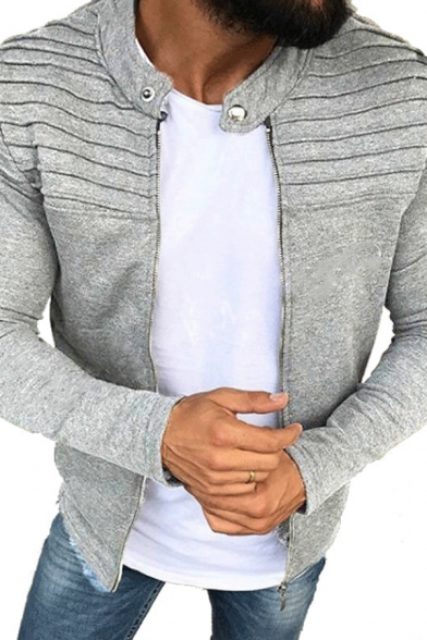 Trendy Men's Jacket Solid Color Banded Cuff Zip Closure Button Detail Collarless Long-sleeved Relaxed Fitted Jacket
