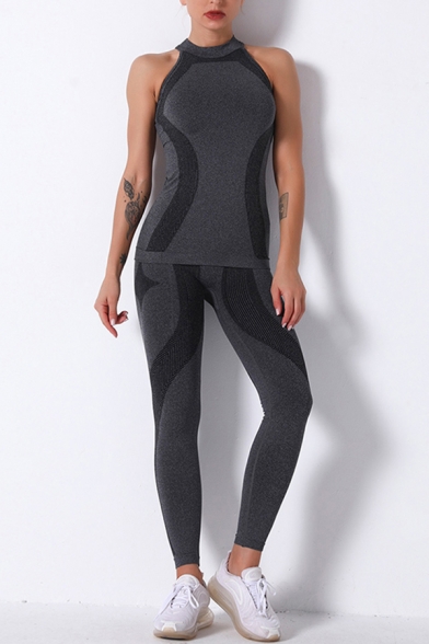Trendy Womens Sporty Set Contrast Panel Heathered Crew Neck Sleeveless Slim Fitted Tank Top with High Waist Seamless Pants