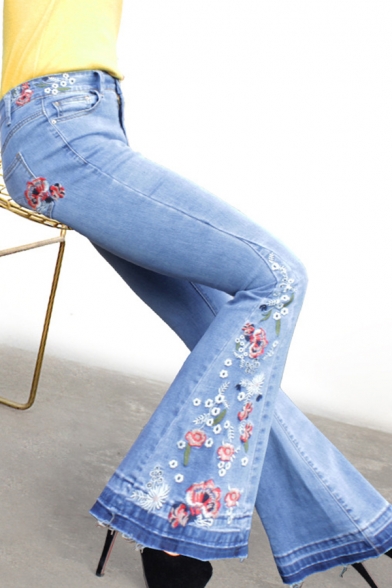 Unique Womens Jeans Floral Embroidered Frayed Hem Zipper Fly Full Length Slim Fit Flare Jeans with Washing Effect