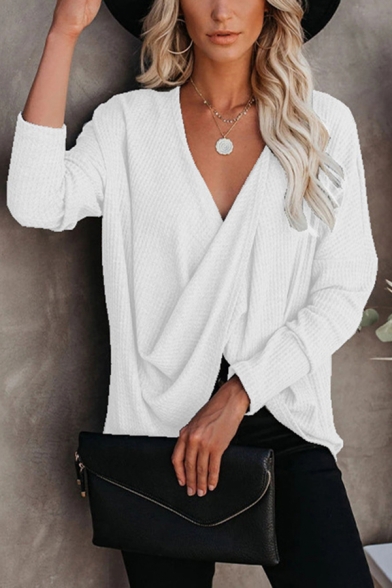 Unique Womens T-Shirt Solid Color Loose Fitted Deep V Neck Long Sleeve T-Shirt