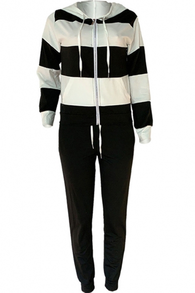 Womens Co-ords Fashionable Contrast Stripe Panel Zipper down Long Sleeve Hooded Jacket Full Length Pants Slim Fit Jogger Co-ords