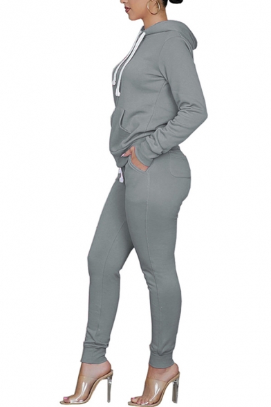 Womens Co-ords Stylish Solid Color Slim Fitted 7/8 Length Pencil Pants Long Sleeve Hoodie Jogger Co-ords