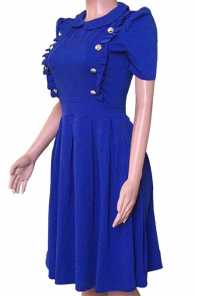 Womens Dress Fashionable Solid Color Ruffle Pleated Button Decoration Knee Length Slim Fitted Ingot Collar Short Sleeve Flare Dress