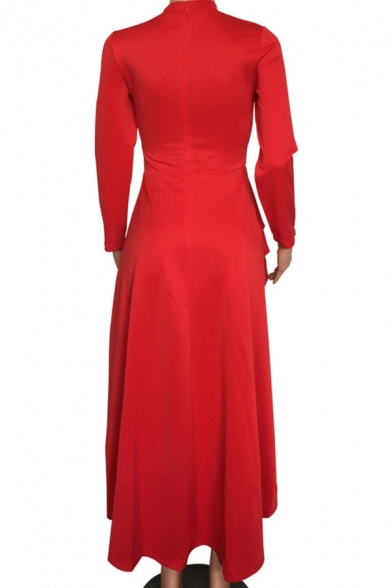 Womens Dress Stylish Plain High-Low Ruffle Hem Maxi Slim Fitted Round Neck Long Sleeve Flare Dress