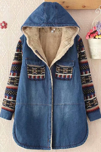 Womens Jacket Stylish Tribal Style Geometric Pattern Patchwork Sherpa Lined Flap Chest Pockets Mid-Length Loose Fit Long Sleeve Hooded Denim Jacket
