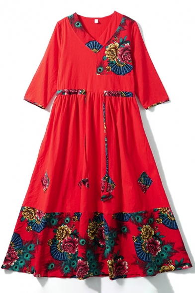 Womens New Fashion Round Neck Long Sleeve Floral Tribal Print Red Knit Swing Maxi Dress