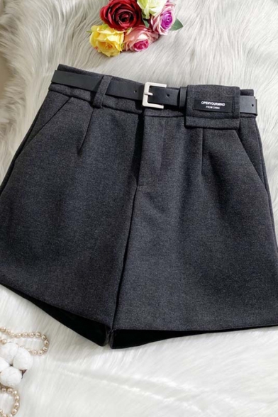 Womens Shorts Fashionable Metal-Buckle Belted Woolen Zipper Fly High Rise Regular Fitted Wide Leg Relaxed Shorts