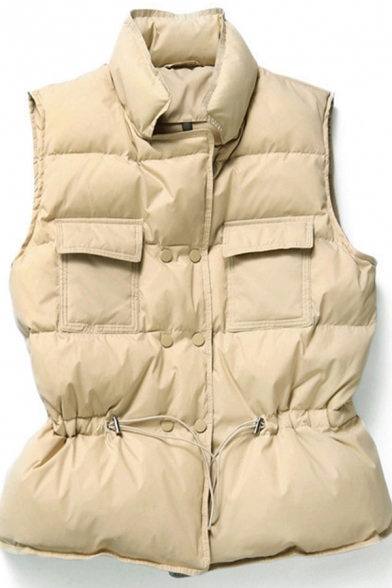 Basic Women's Vest Solid Color Fluffy Quilted Flap Pockets Button-down Stand-Collar Sleeveless Regular Fitted Coat Vest