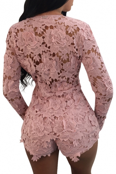 Basic Womens Co-ords Floral Crochet Lace Long Sleeve Open Front Tee Slim Fitted Shorts Co-ords