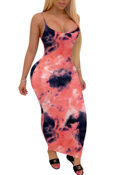Classic Womens Bodycon Dress Spiral Tie Dye Butterfly Pattern Slim Fitted Maxi Spaghetti Strap Sleeveless Slip Dress