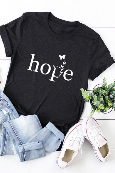 Classic Womens T-Shirt Butterfly Letter Hope Print Purified Cotton Regular Fitted Round Neck Short Sleeve T-Shirt