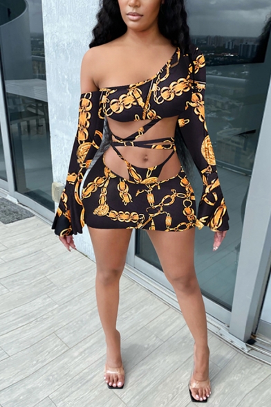 Creative Women's Set Chain Print off the Shoulder Hollow out Long Sleeves Slim Fitted Cropped Tee Top with Mini Skirt Co-ords